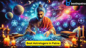Illustration of a traditional astrologer analyzing a kundli chart with planetary symbols and zodiac signs in a cosmic background, representing the Best Astrologers in Patna for Kundli, Horoscope & Vastu Consultations.