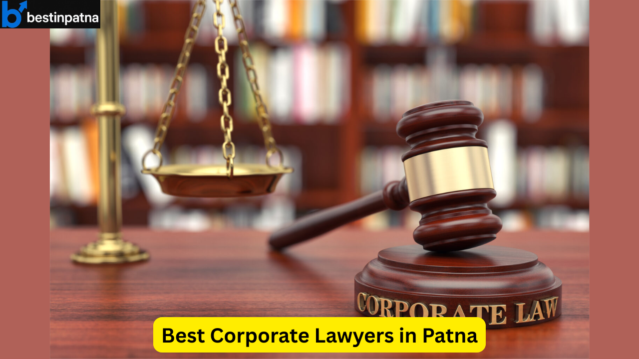 A wooden gavel labeled "Corporate Law" placed beside a brass scale of justice in front of law books, symbolizing expert legal services provided by the Best Corporate Lawyers in Patna for business compliance, litigation, and corporate advisory.
