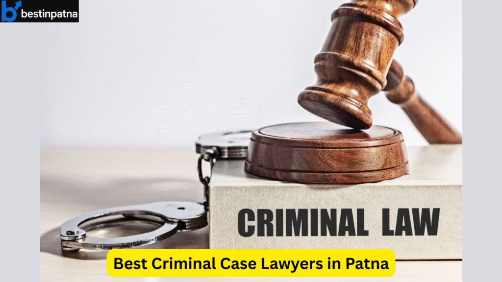 Wooden gavel, handcuffs, and a book titled "Criminal Law" symbolizing justice — Best Criminal Case Lawyers in Patna.