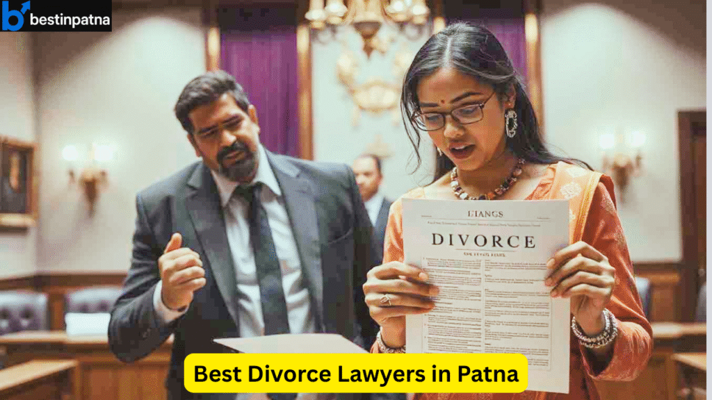 A woman reviewing divorce papers with a lawyer in a courtroom setting — representing the services of the best divorce lawyers in Patna for legal separation.