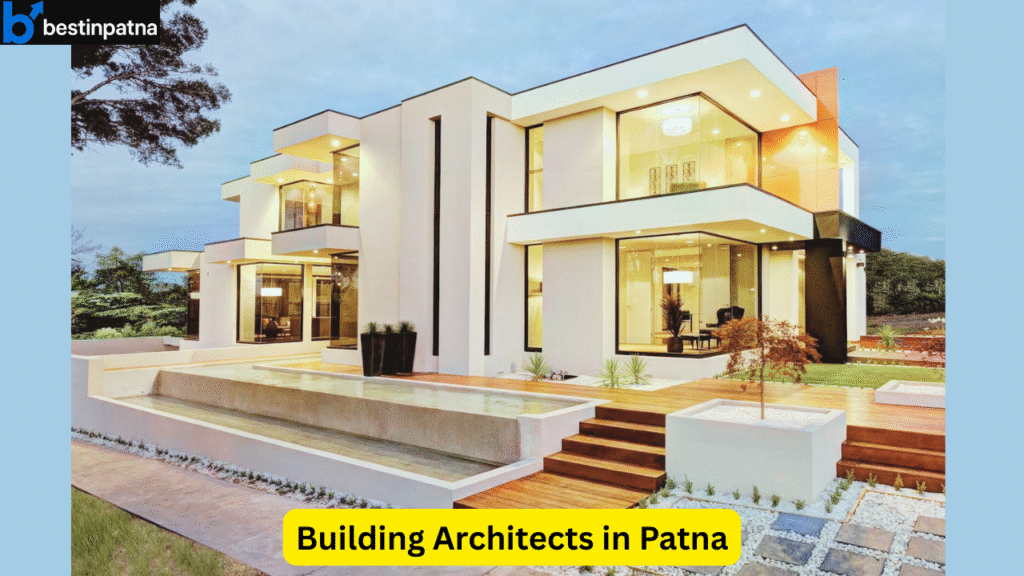 Modern luxury house with glass walls and landscaped design, showcasing the architectural style of top building architects in Patna – bestinpatna.