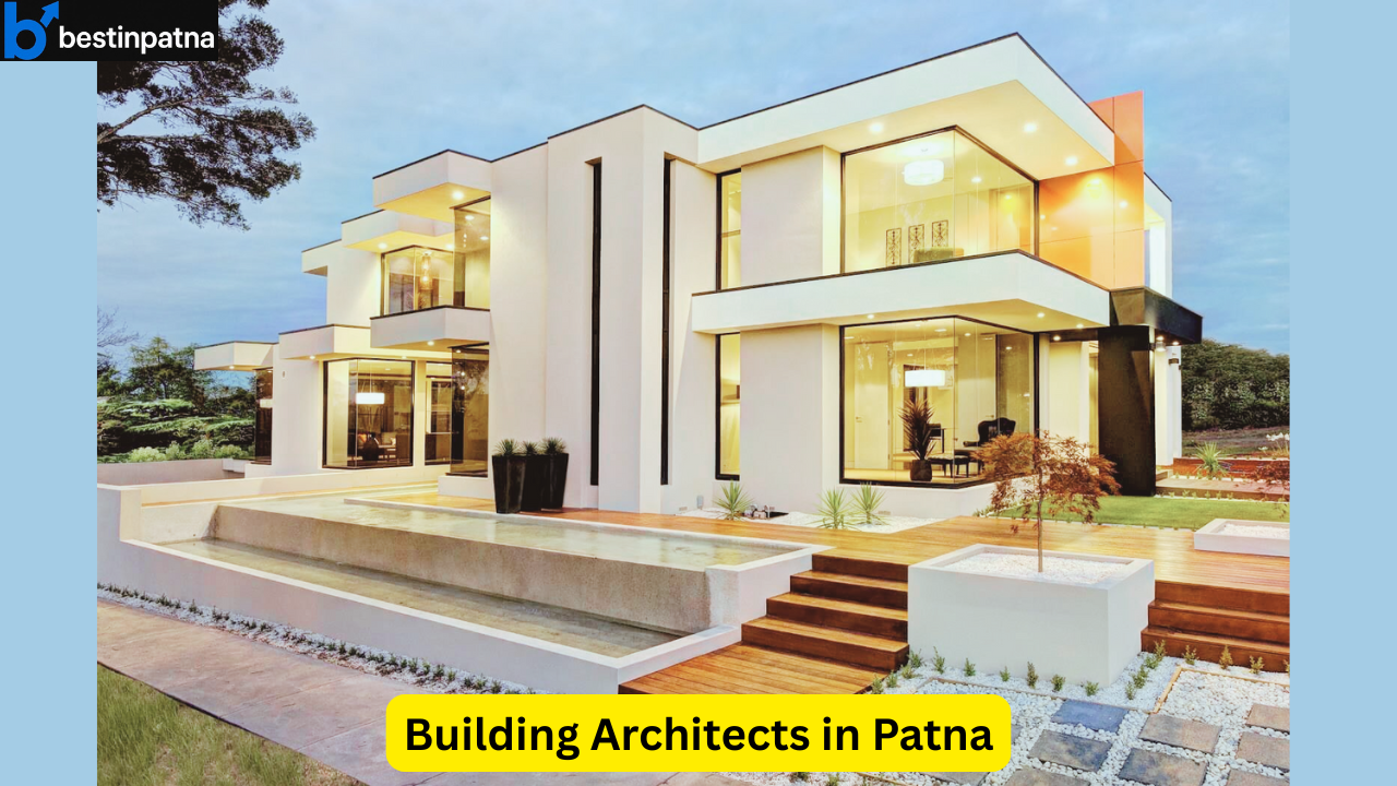 Modern luxury house with glass walls and landscaped design, showcasing the architectural style of top building architects in Patna – bestinpatna.