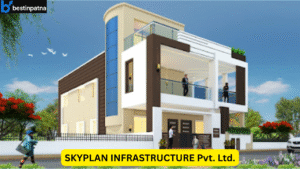 A modern two-story building with large glass windows, a balcony with glass railings, and greenery around. Two people stand on the balcony, and one near the entrance. The sky is clear with birds flying. A logo in the top left corner reads "bestinpatna," with a yellow banner displaying "SKYPLAN INFRASTRUCTURE Pvt. Ltd."