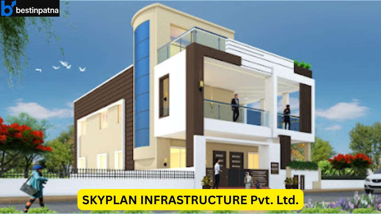 A modern two-story building with large glass windows, a balcony with glass railings, and greenery around. Two people stand on the balcony, and one near the entrance. The sky is clear with birds flying. A logo in the top left corner reads "bestinpatna," with a yellow banner displaying "SKYPLAN INFRASTRUCTURE Pvt. Ltd."