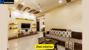 Modern living room design by Ziee Interior featuring warm lighting, wooden ceiling accents, and elegant wallpaper — Best Interior Designers in Patna.